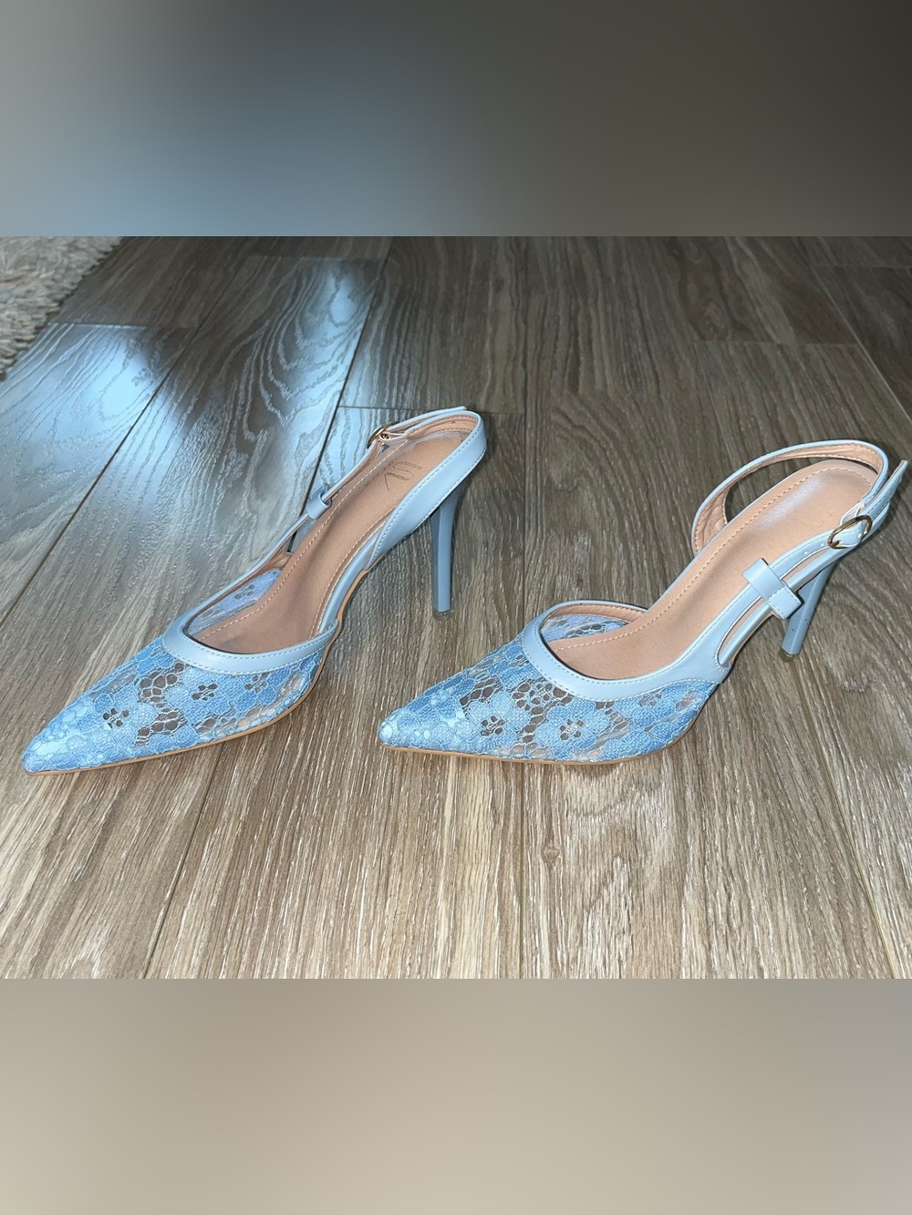 Light Blue Lace Pointed Slingback Heels